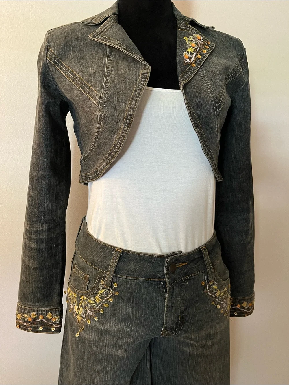 Vintage y2k Elite Jeans Jacket Set size 3/4 low rise, gaucho, bolero cropped